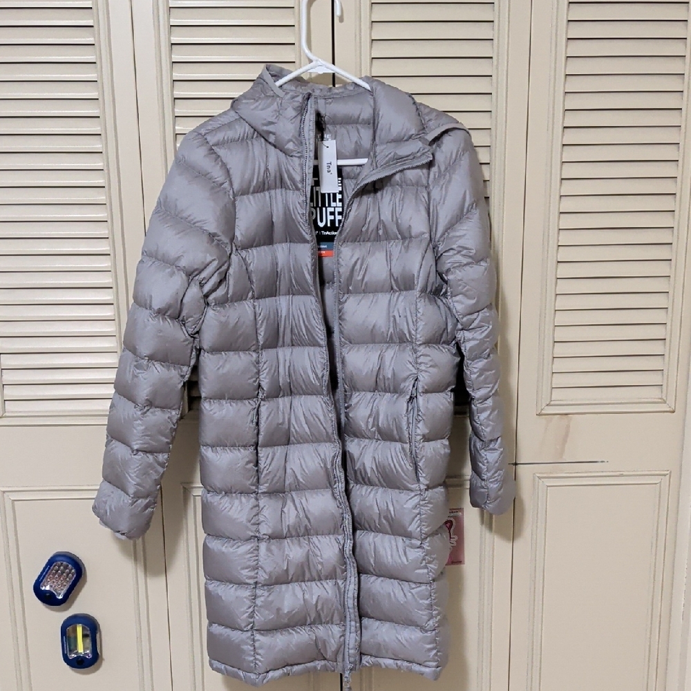 TnA Little Puff Long Puffer Jacket In Steel Gray